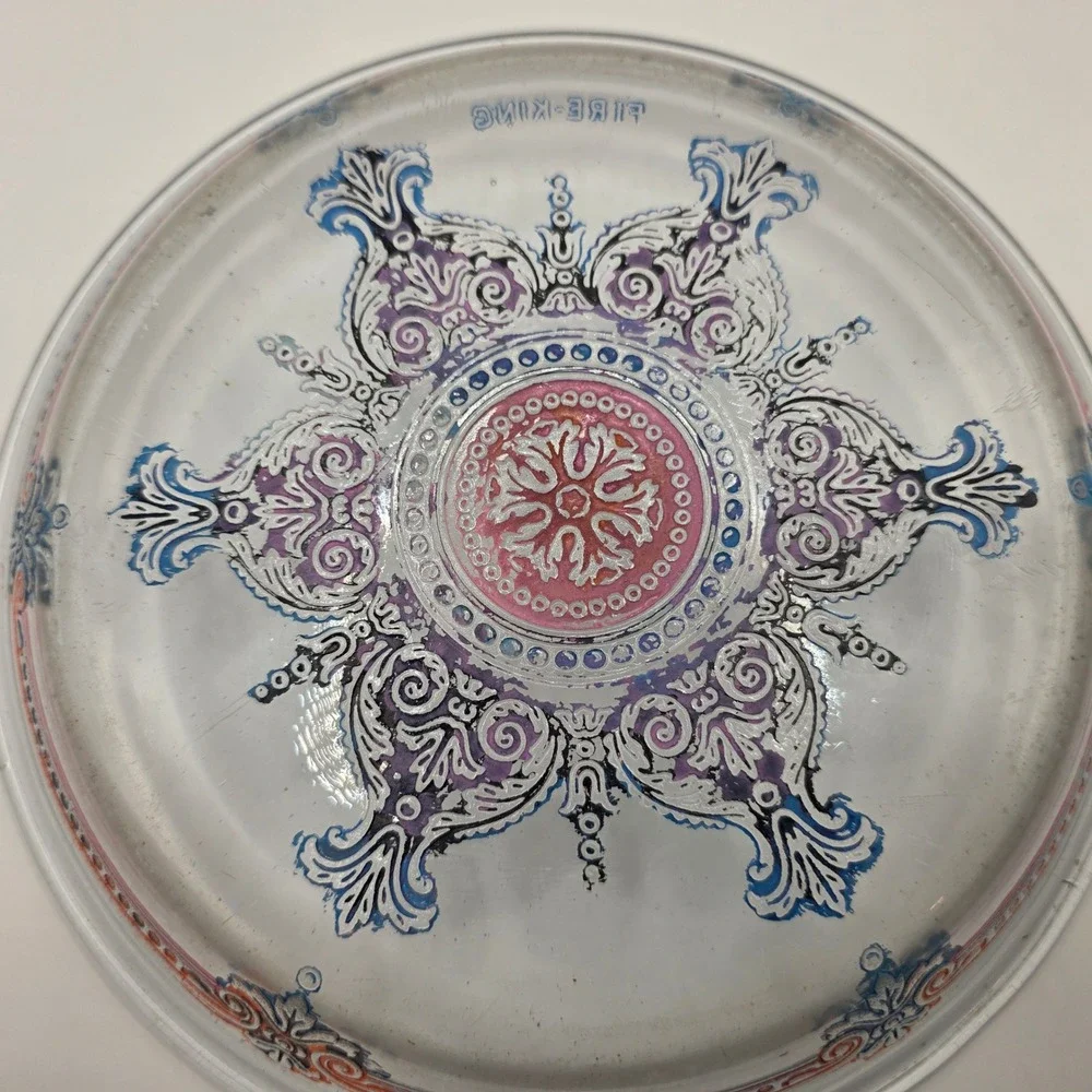 Vintage Fire-King Clear Glass Medallion Plate‎ Blue Red Scroll Pattern 9 inch